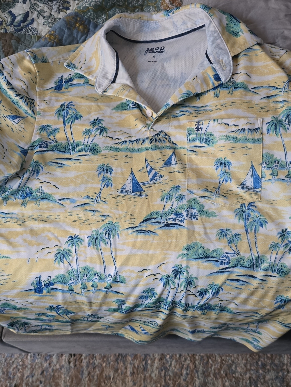 Izod Yellow and Blue Tropical Print Polo Size Small